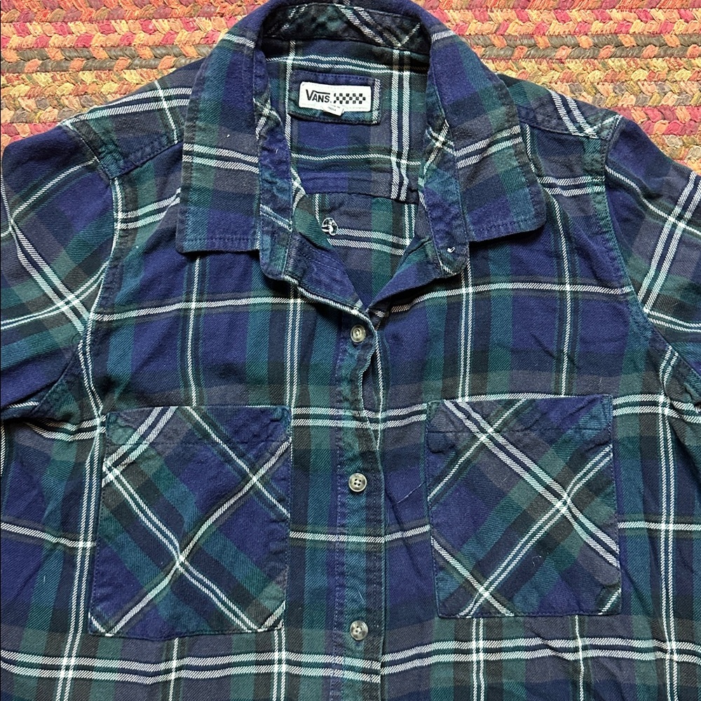 VANS NAVY GREEN PLAID FLANNEL BUTTON UP - Picture 3 of 4